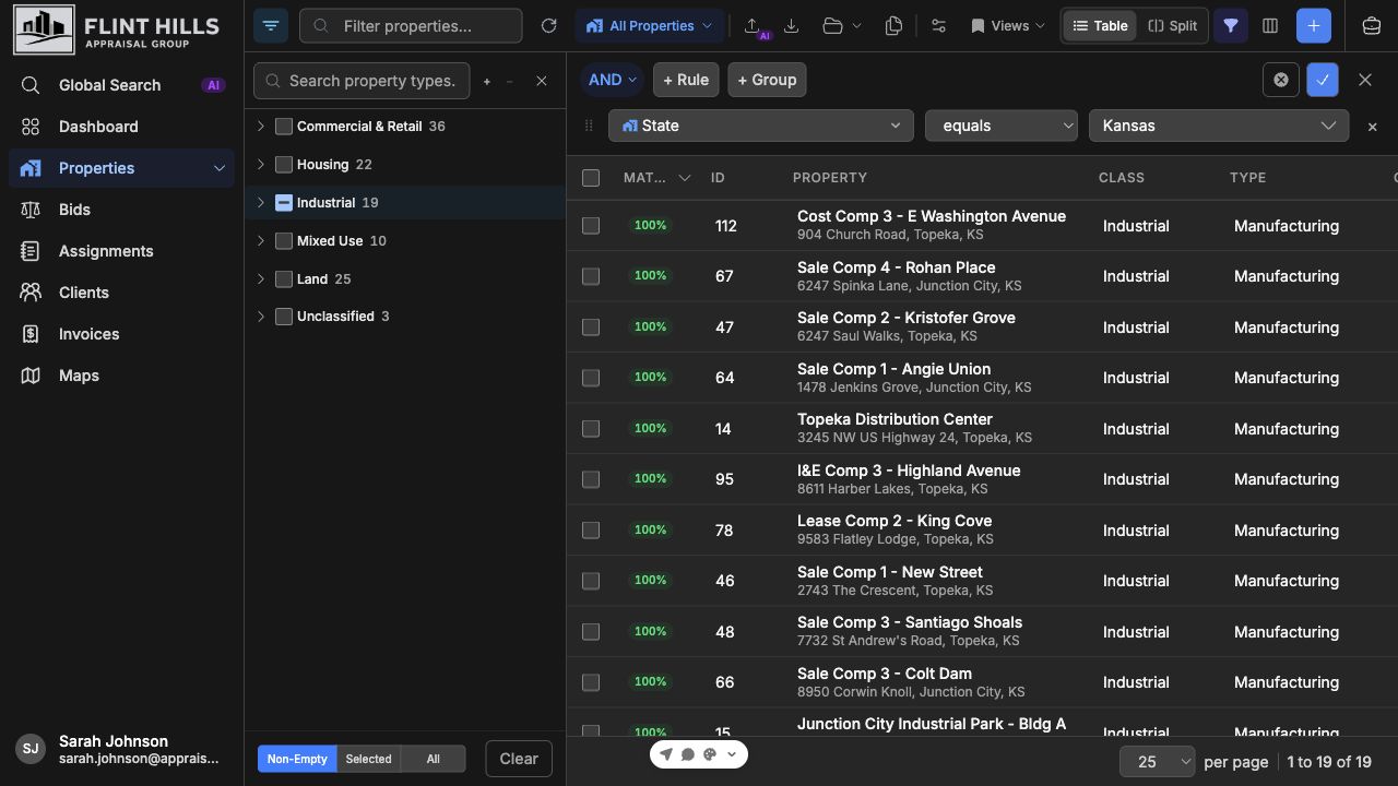 AI Search applied filters in the property table