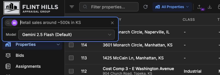 AI Search modal with the model selector visible